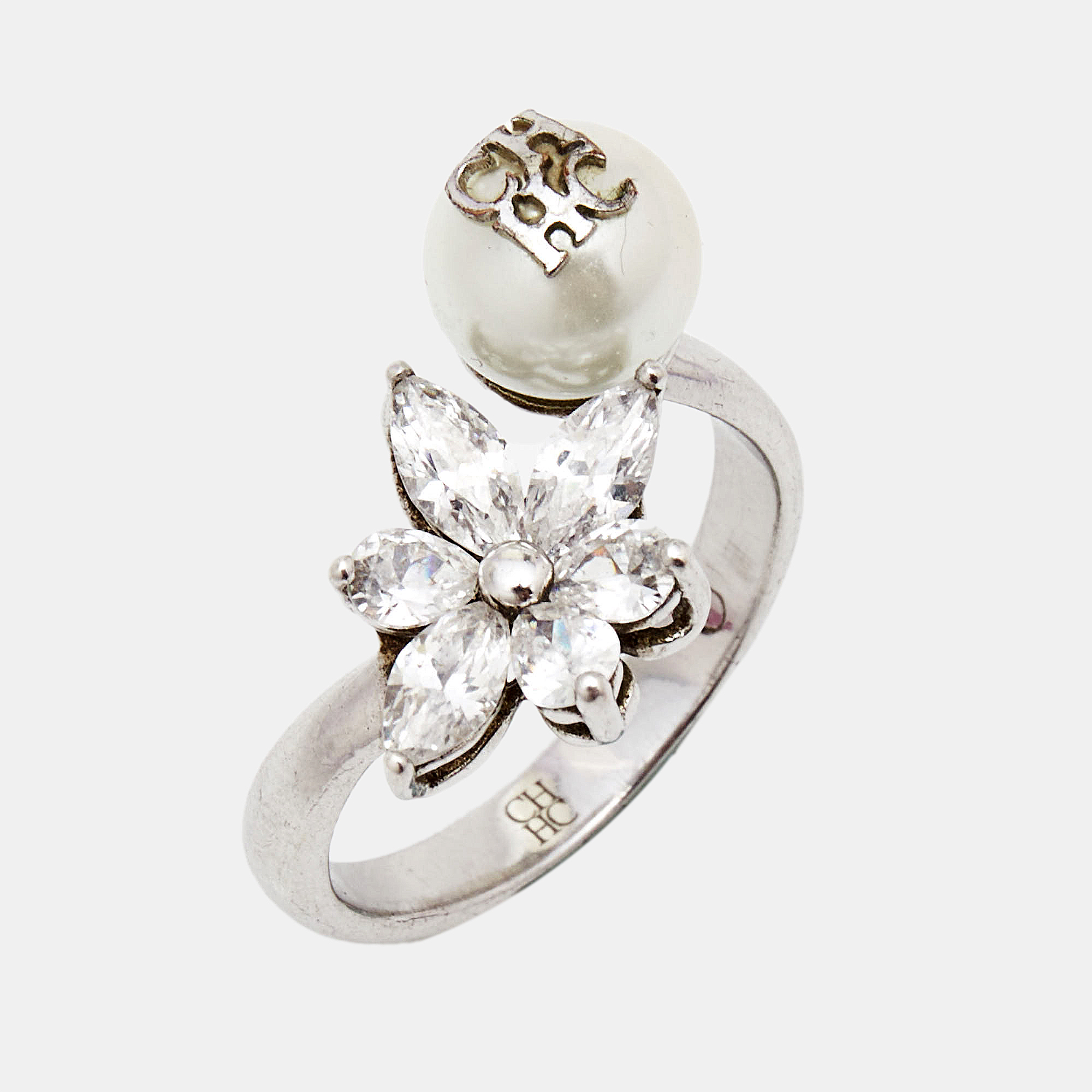 Carolina Herrera CH Crystal Faux Pearl Silver Tone Ring Size 56