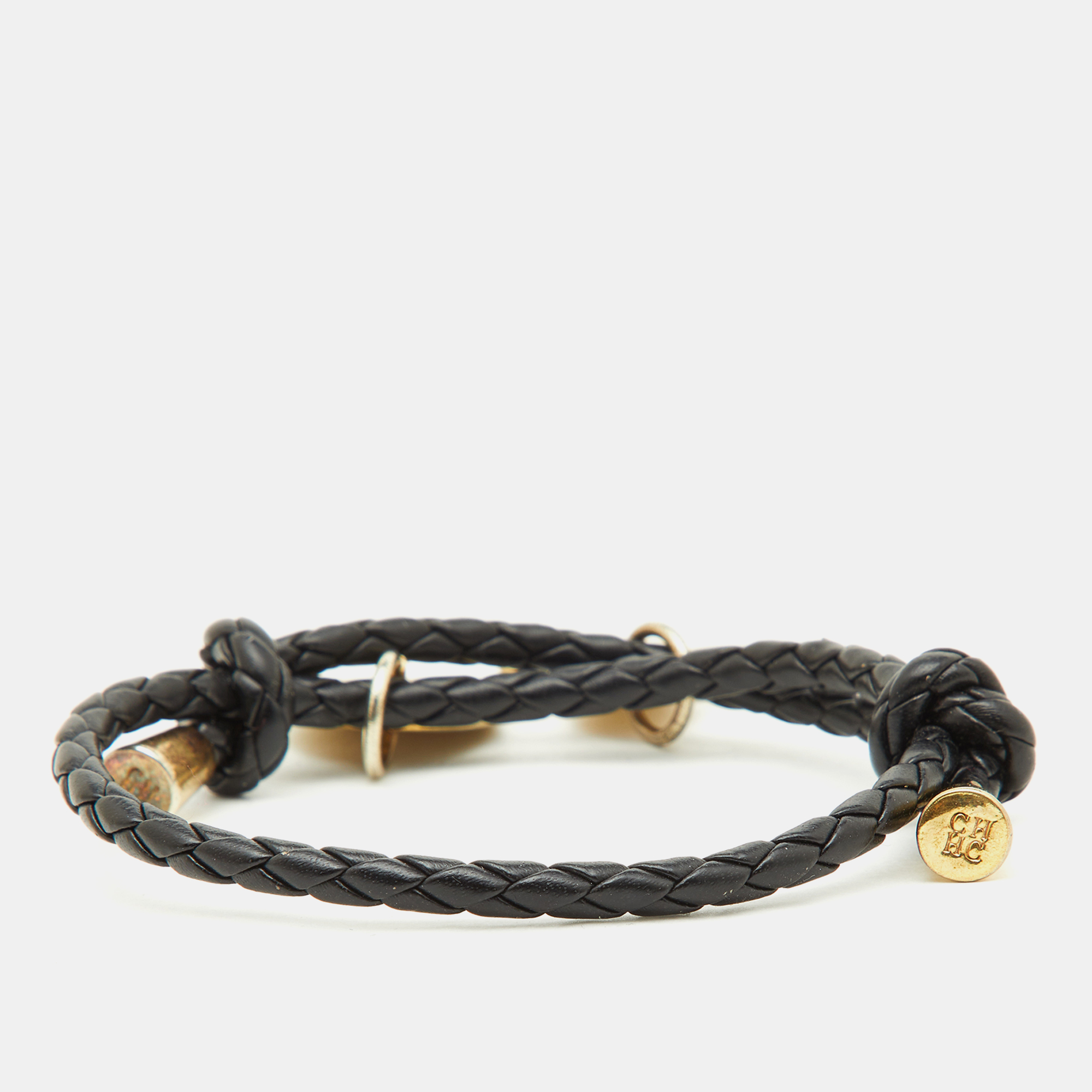 Carolina Herrera CH Charms Braided Black Leather Gold Tone Bracelet