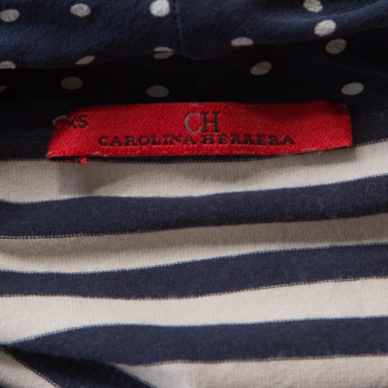 CH Carolina Herrera Blue And Beige Striped Cotton Jersey Necktie Detail Top XS