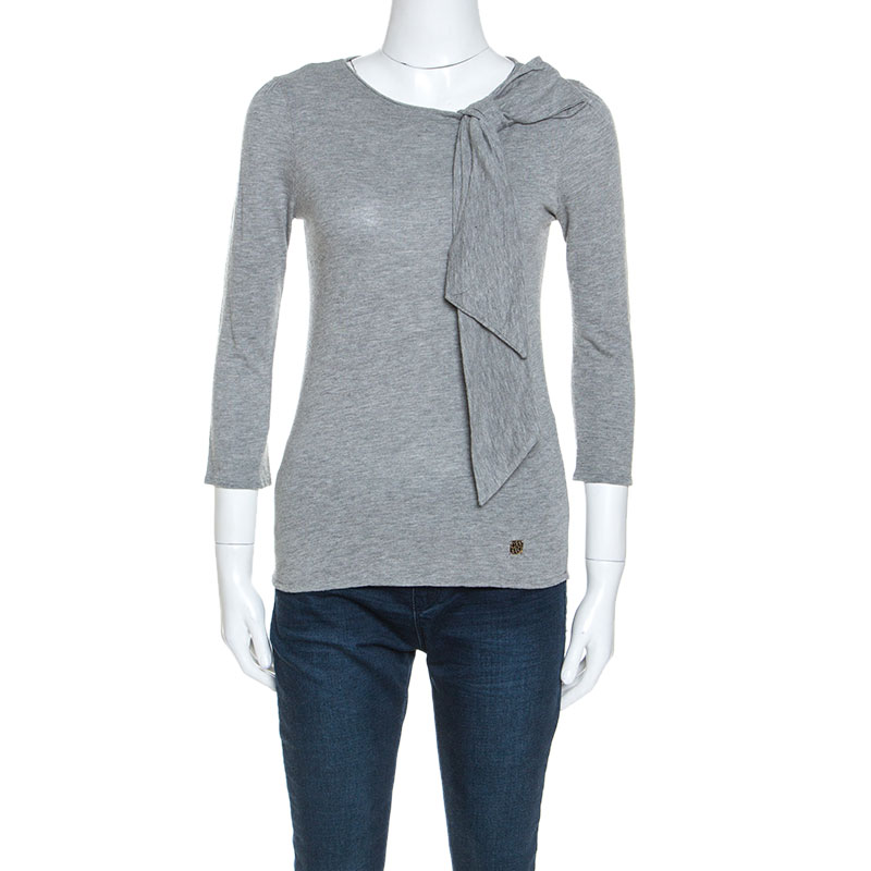 Image of Carolina Herrera Grey Wool Blend Jersey Bow Detail Top XS