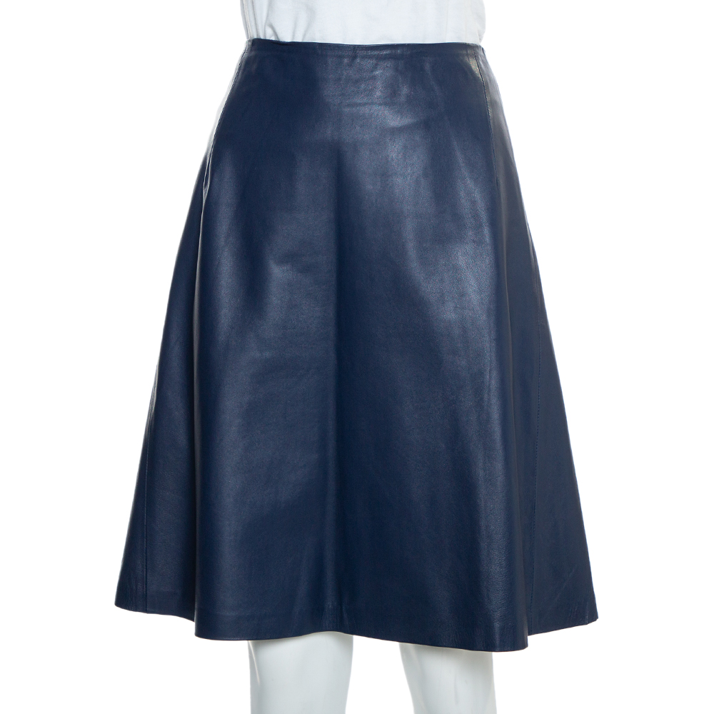 Carolina Herrera Navy Blue Leather A-Line Skirt L