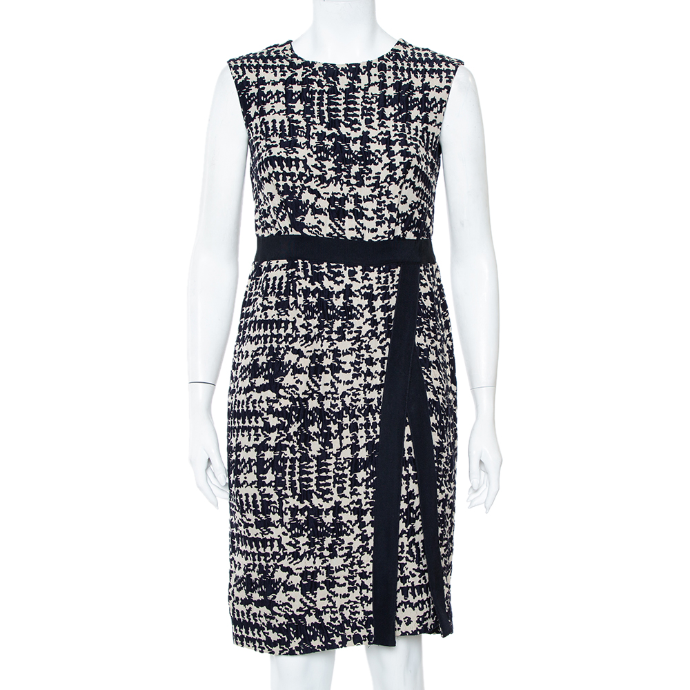 CH Carolina Herrera Navy Blue & Beige Wool Jacquard Sleeveless Sheath Dress M