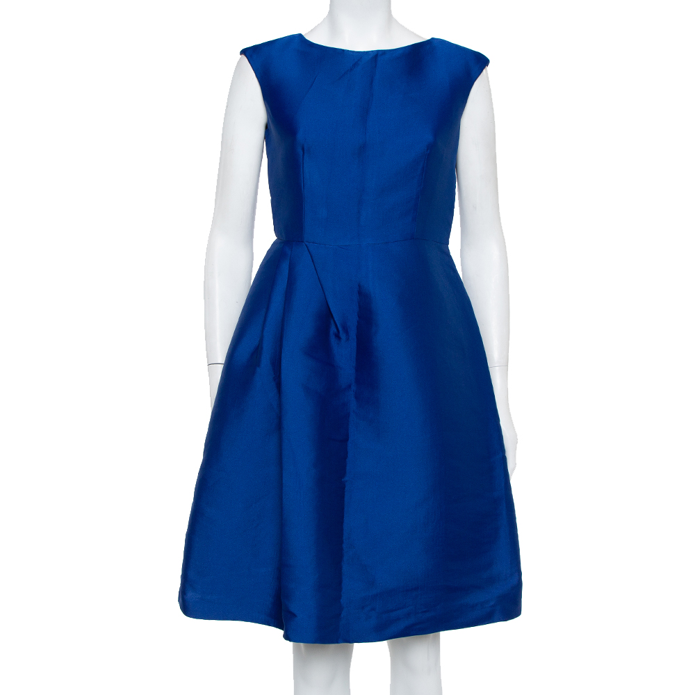 CH Carolina Herrera Royal Blue Silk Draped Detail Flared Dress S