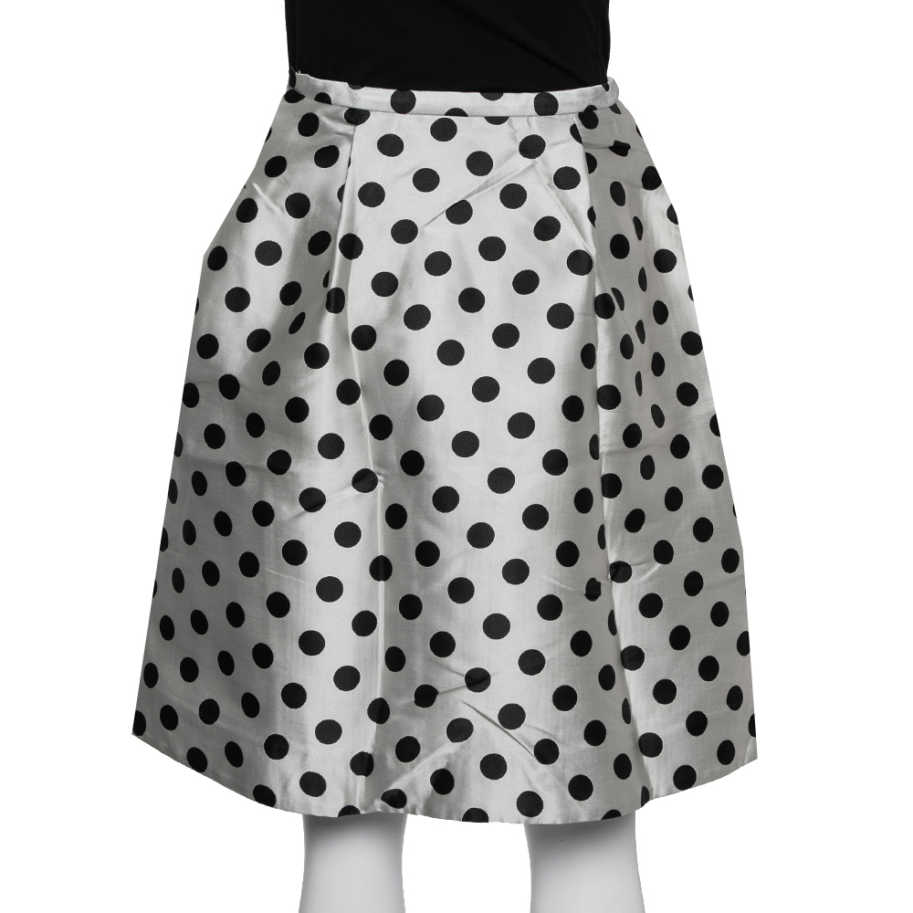 CH Carolina Herrera Monochrome Polka Dot Satin Box Pleated Short Skirt XS