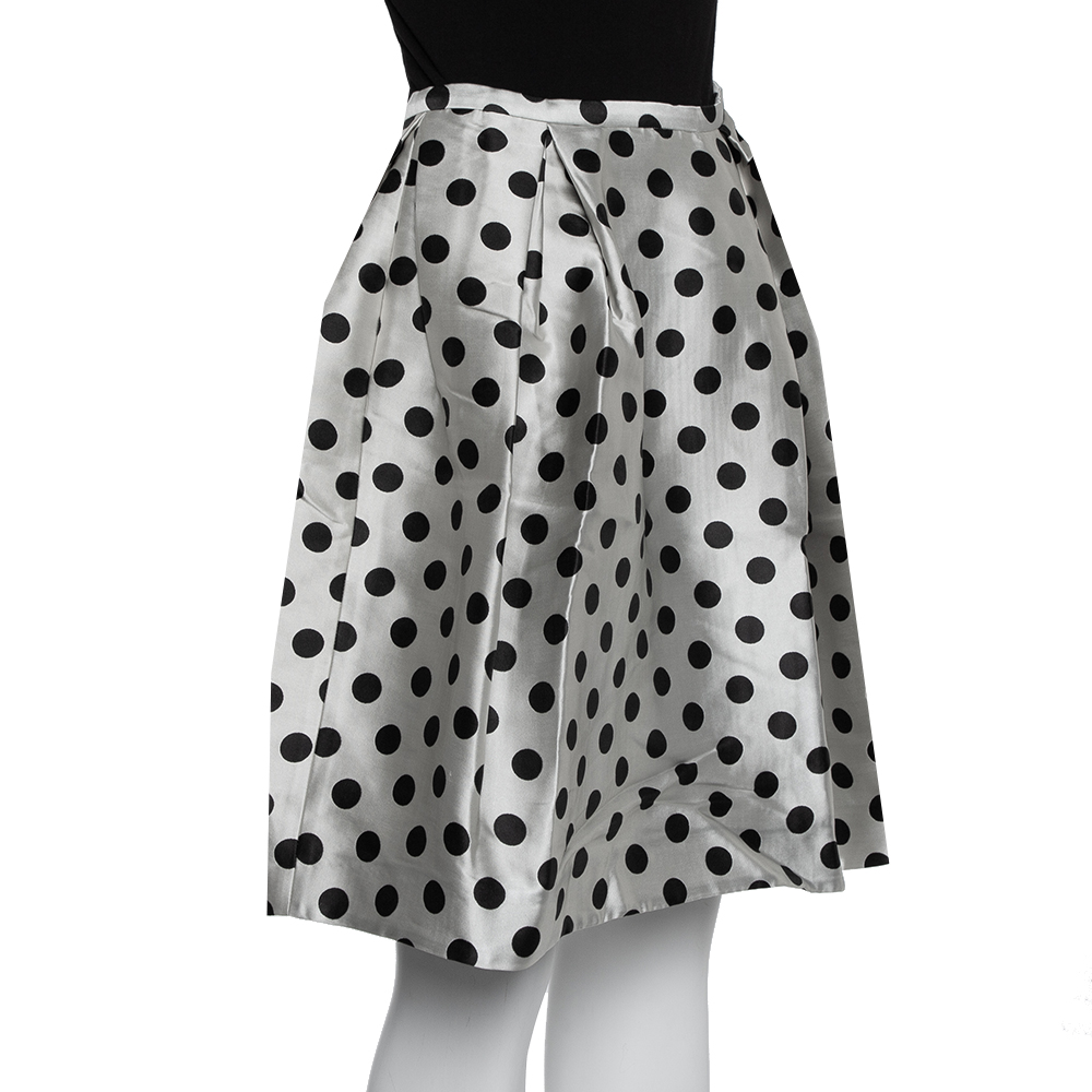 CH Carolina Herrera Monochrome Polka Dot Satin Box Pleated Short Skirt XS