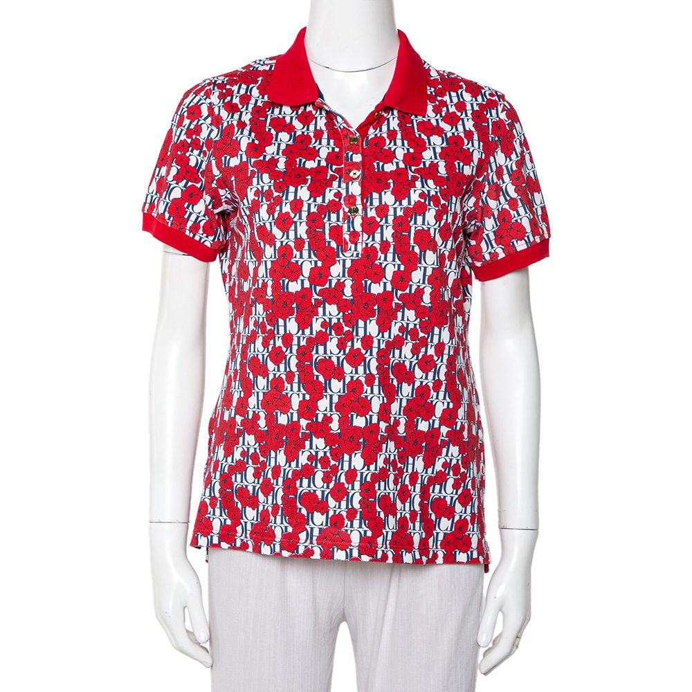 CH Carolina Herrera Red Floral & Logo Printed Cotton Pique Polo T-Shirt M