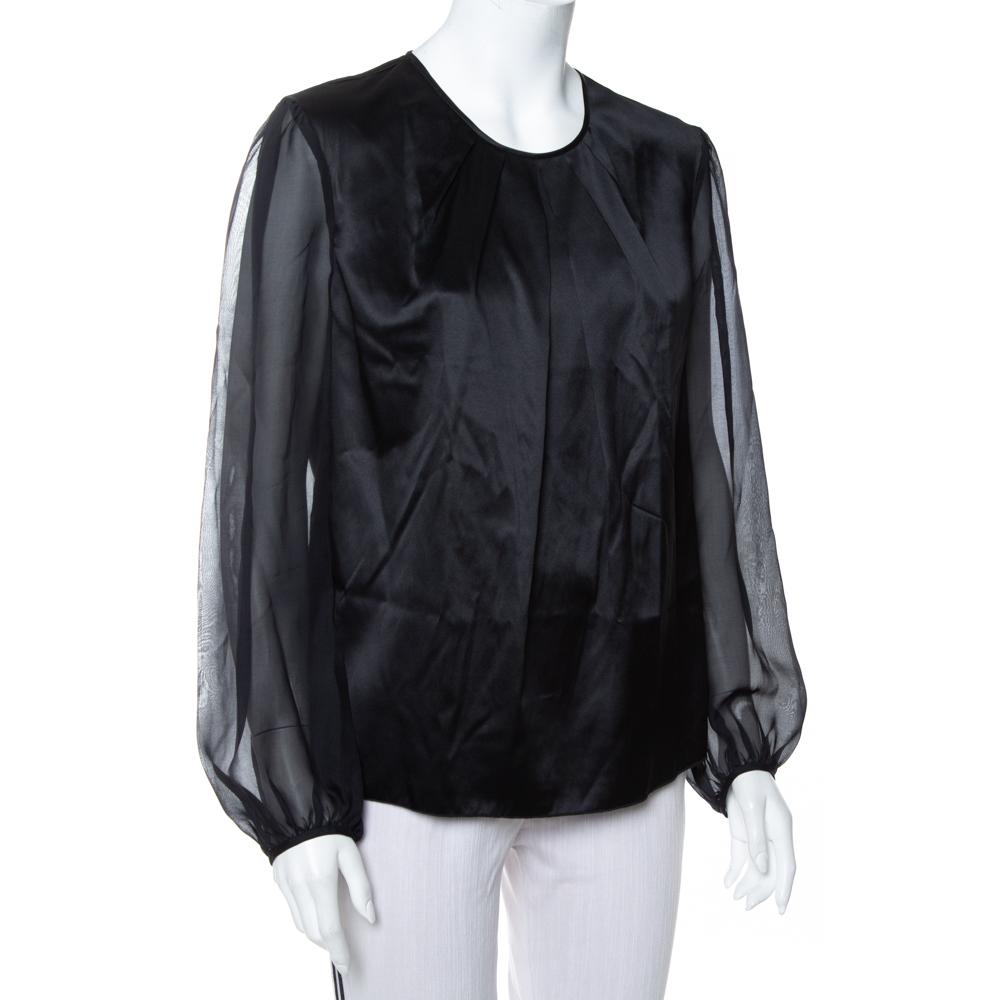 CH Carolina Herrera Black Satin Pleated Detail Top L