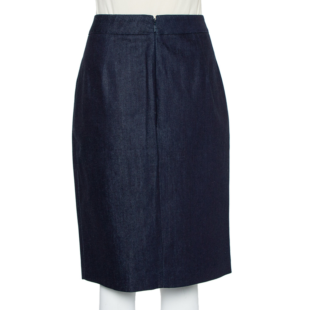 CH Carolina Herrera Navy Blue Denim Button Detail Knee Length Skirt L