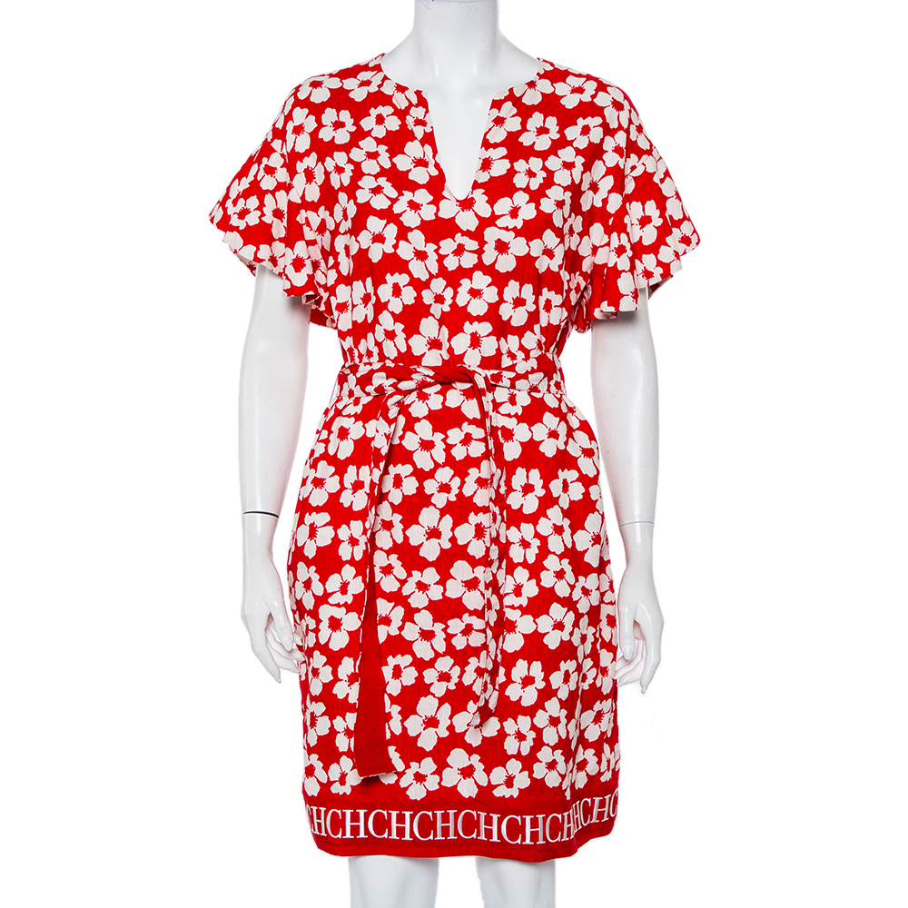 CH Carolina Herrera Red Floral Printed Silk & Linen Oversized Belted Dress S