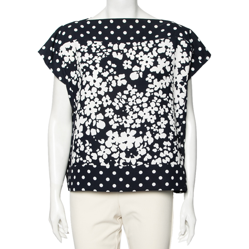 Ch carolina herrera navy and white floral print square top m