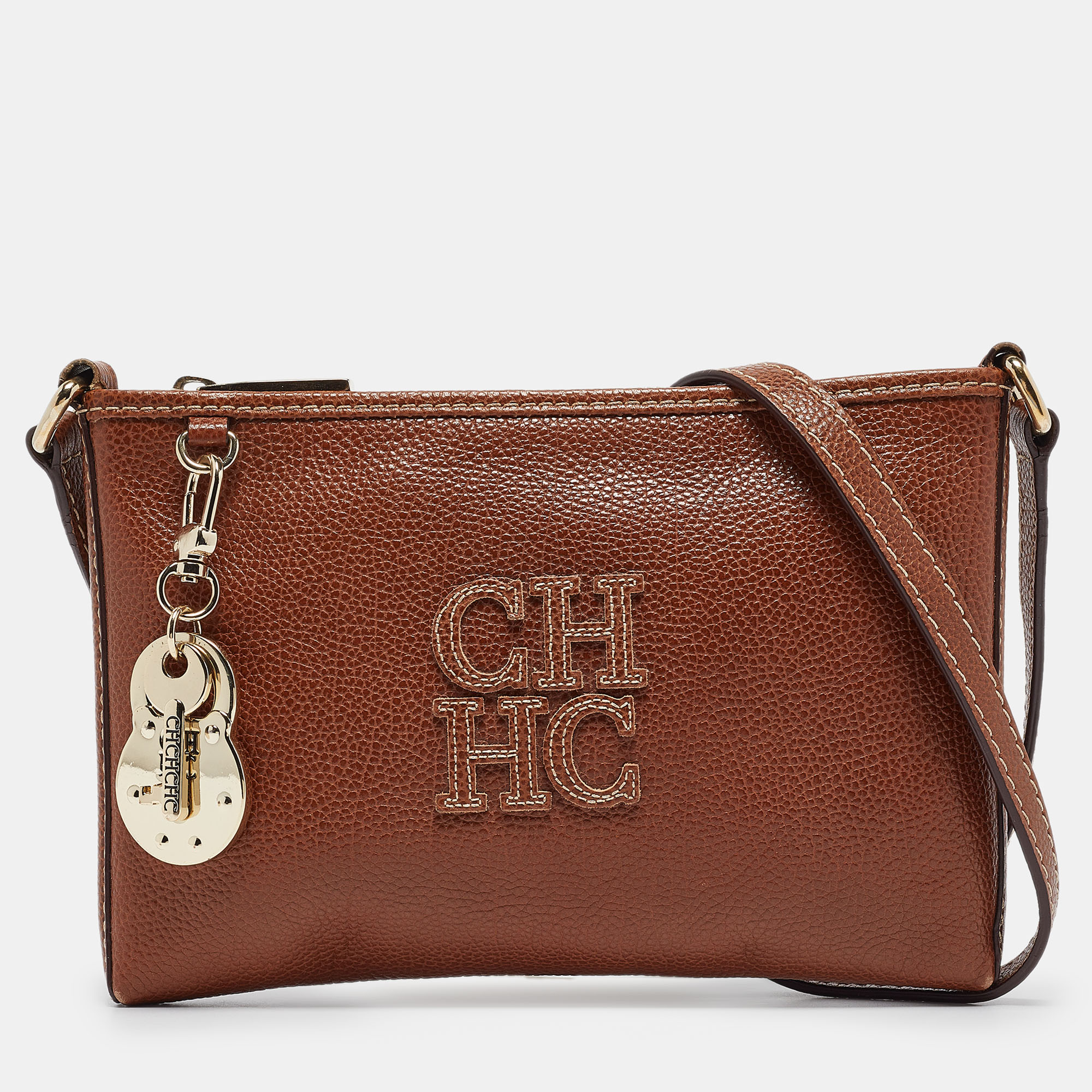 Carolina herrera brown leather lock charm crossbody bag