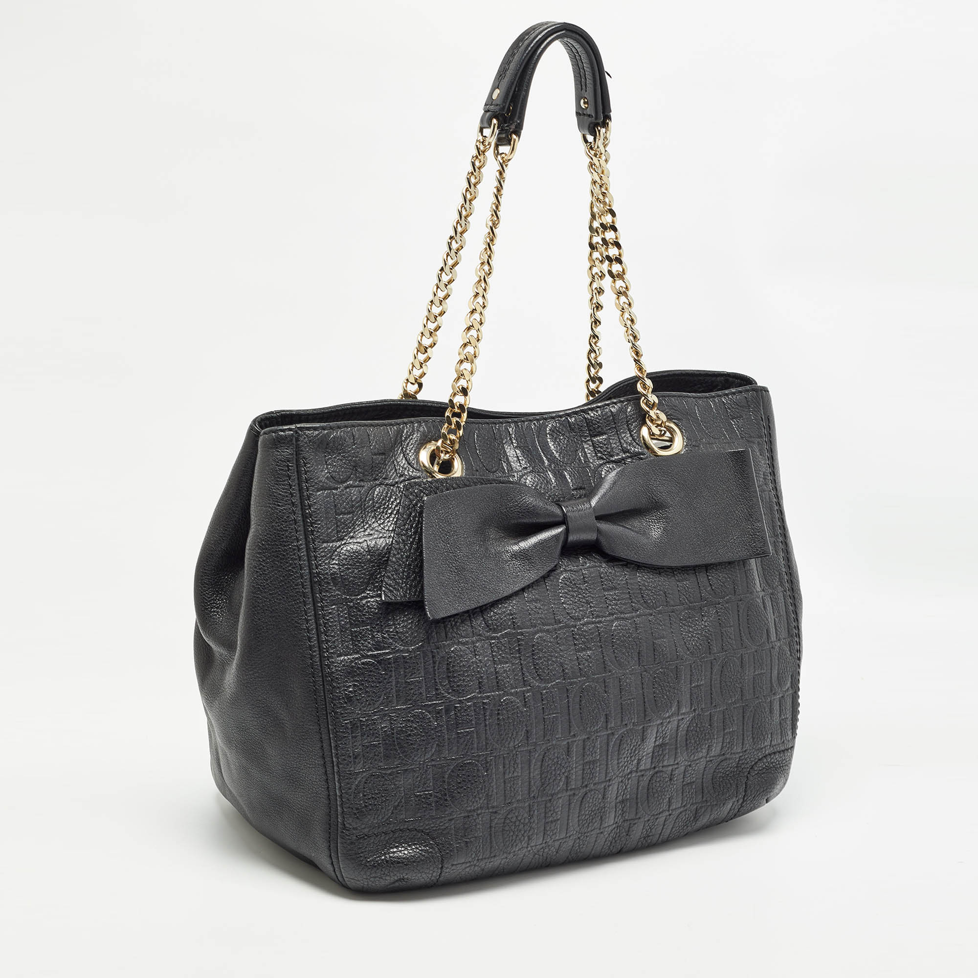 Carolina Herrera Black Monogram Embossed Leather Audrey Tote