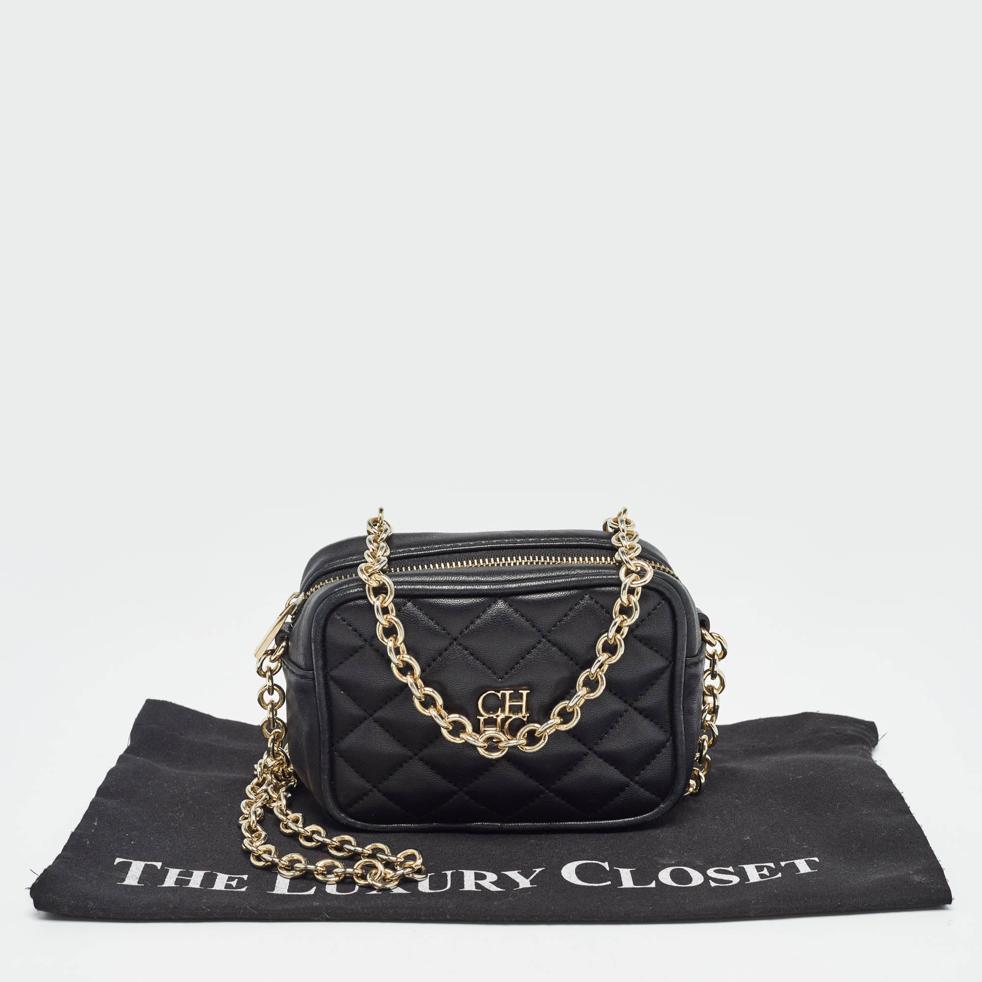 Carolina Herrera Black Quilted Leather Mini Chain Crossbody Bag