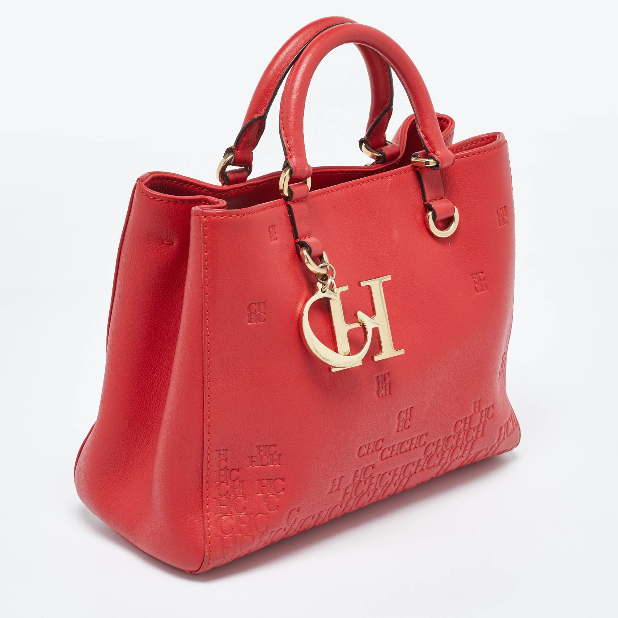 Carolina Herrera Red Monogram Embossed Leather Duchess Tote