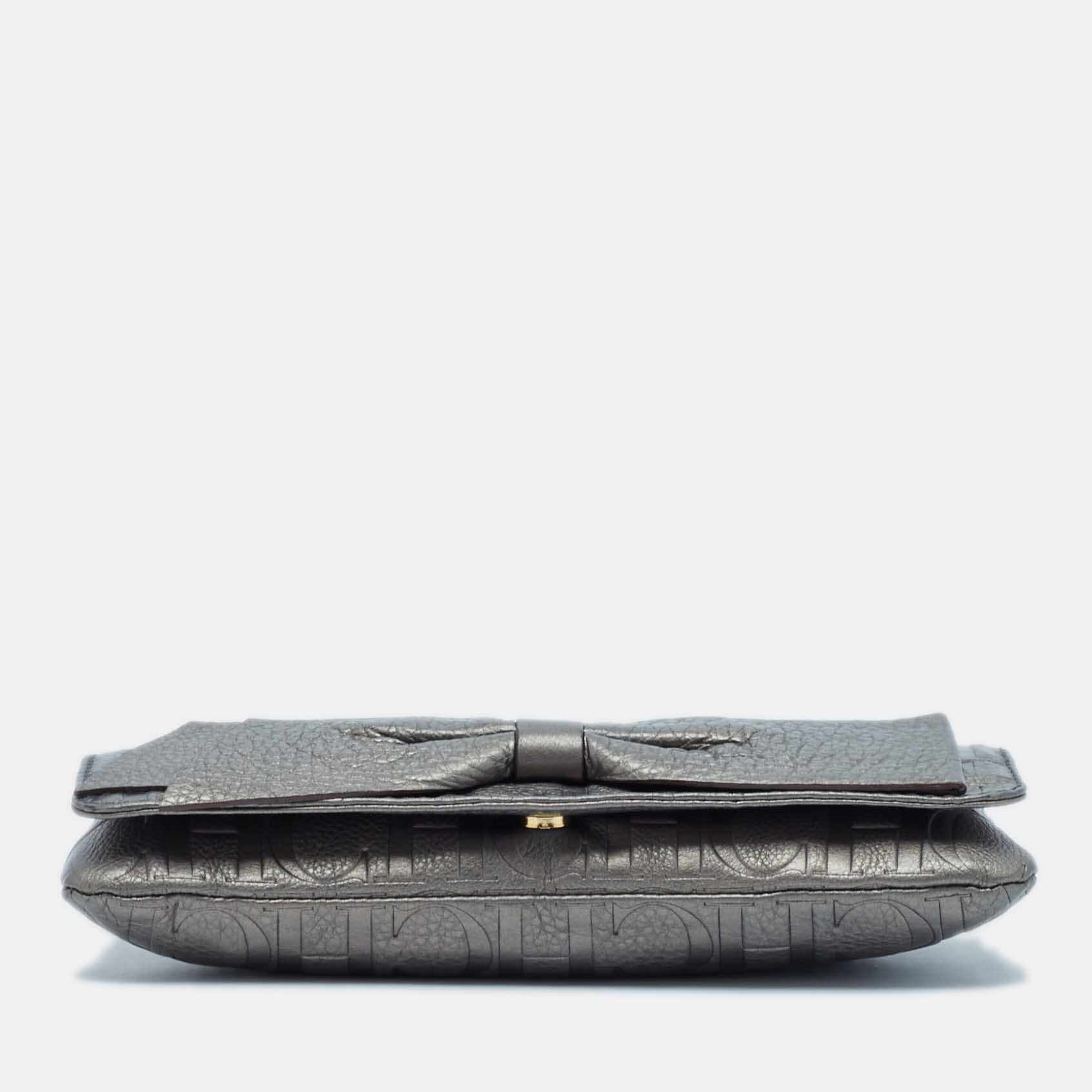 Carolina Herrera Metallic Monogram Embossed Leather Audrey Clutch