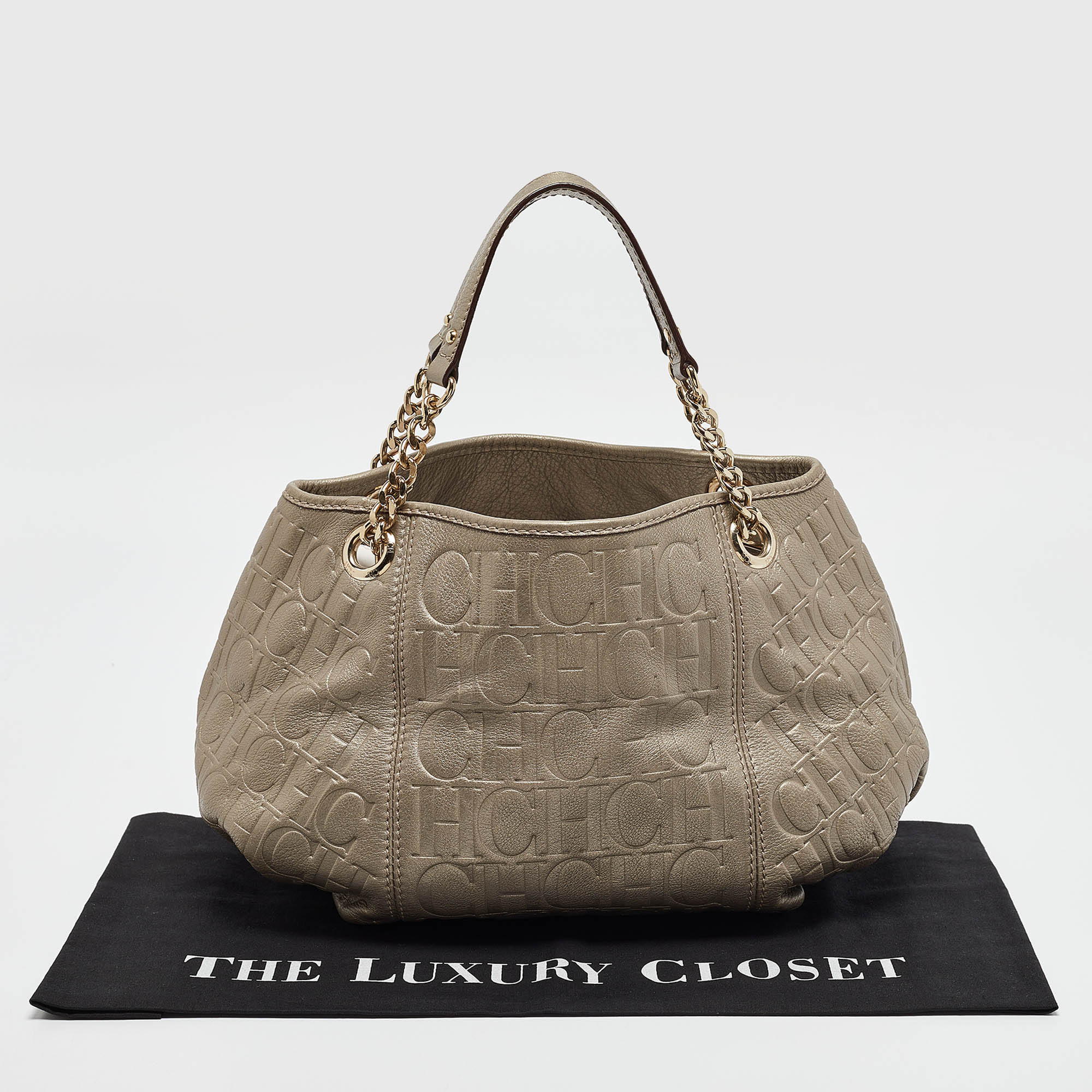 Carolina Herrera Grey Monogram Embossed Leather Chain Hobo