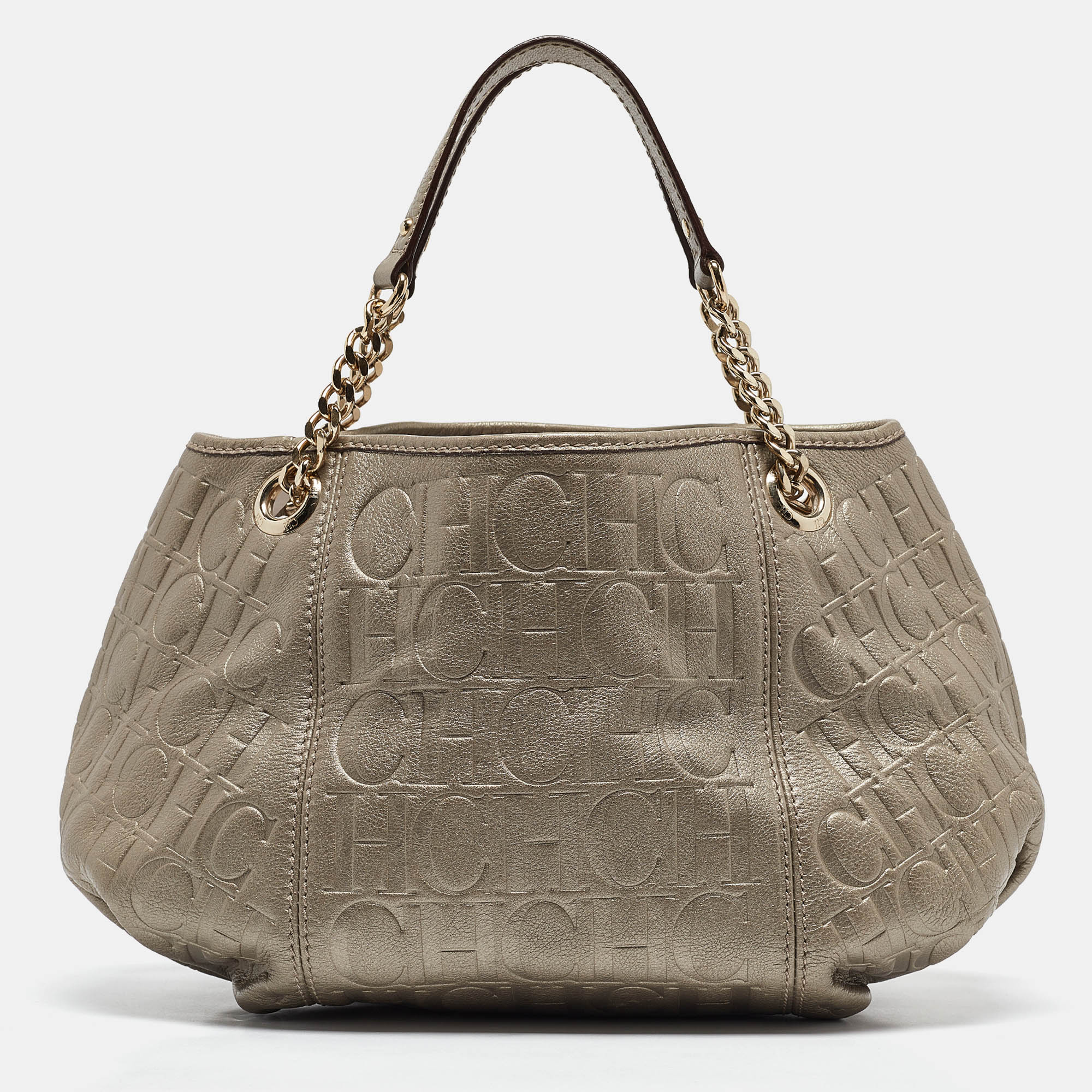 Carolina Herrera Grey Monogram Embossed Leather Chain Hobo