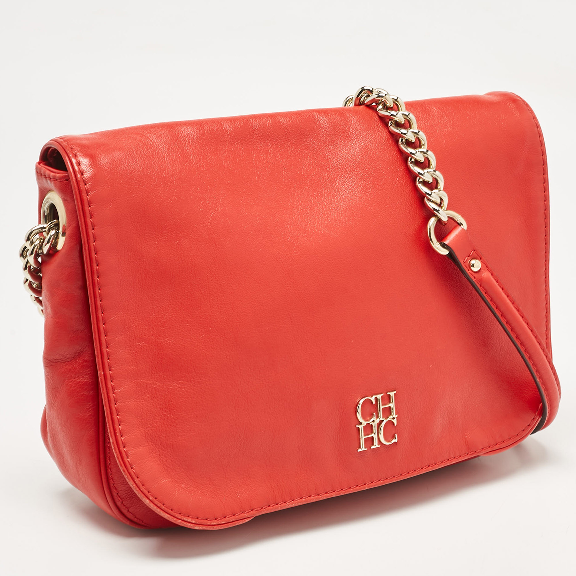 Carolina Herrera Red Leather Flap Chain Shoulder Bag