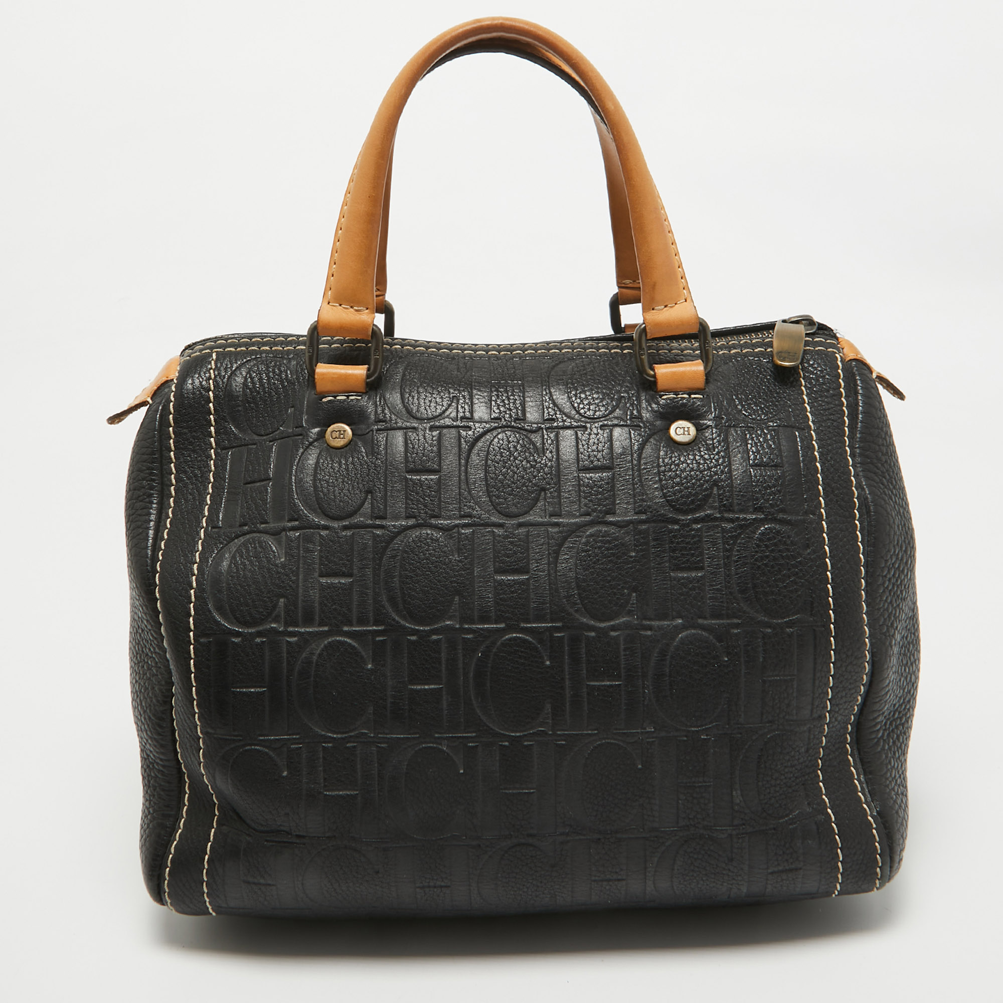 Carolina Herrera Black/Beige Monogram Embossed Leather Andy Boston Bag