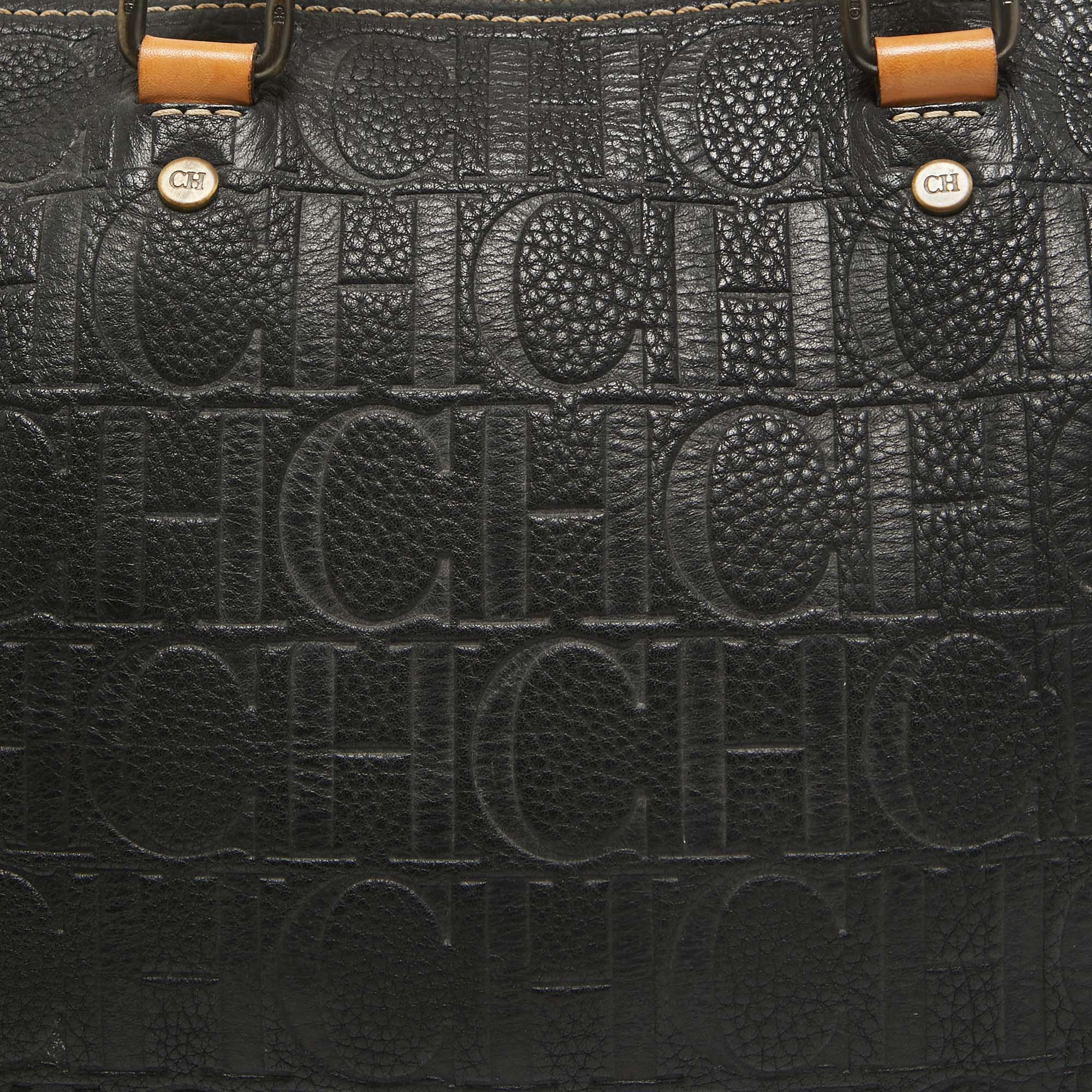 Carolina Herrera Black/Beige Monogram Embossed Leather Andy Boston Bag