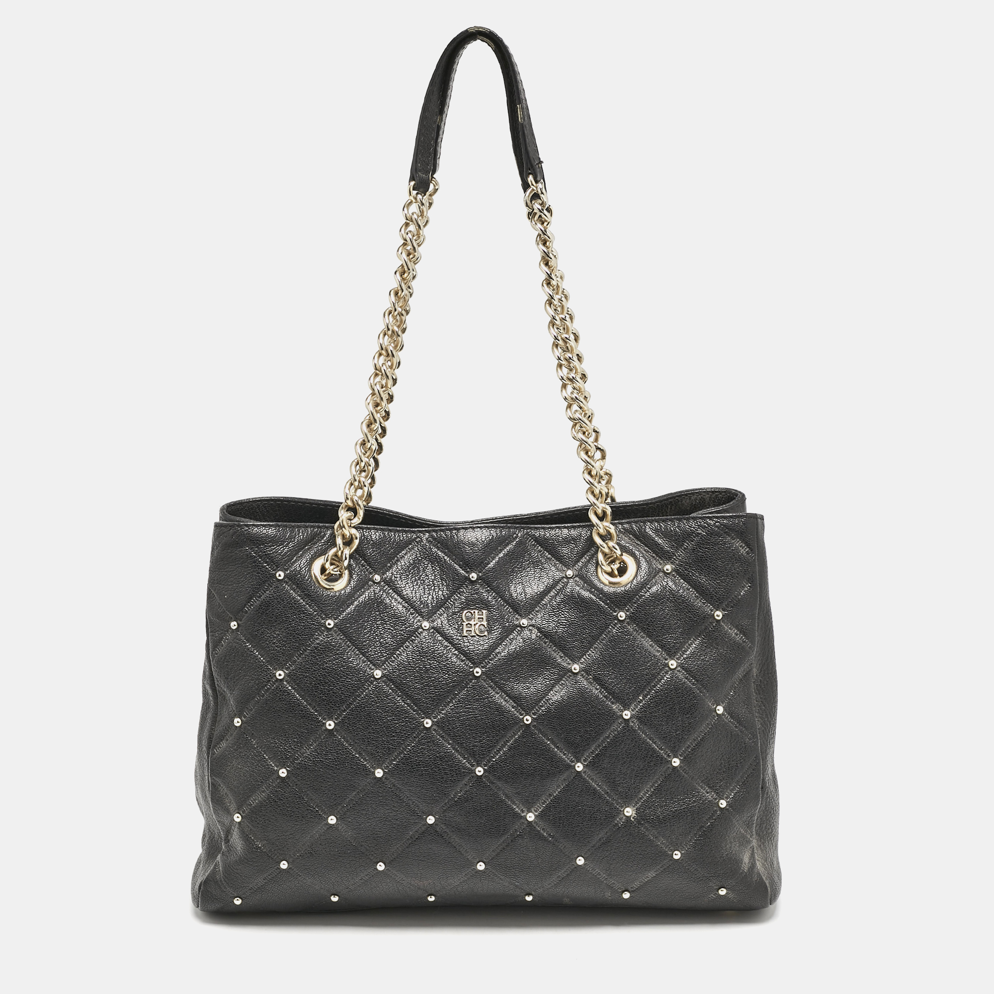 Carolina Herrera Black Logo Embossed Quilted Leather Studded Chain Tote
Carolina Herrera Black Logo Embossed Quilted Leather Studded Chain Tote