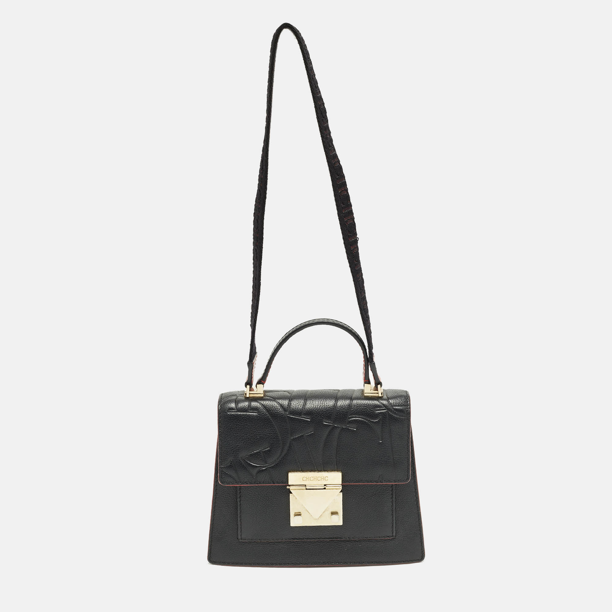 Carolina Herrera Pushlock Black/Red Logo Embossed Leather Top Handle Bag
Carolina Herrera Pushlock Black/Red Logo Embossed Leather Top Handle Bag