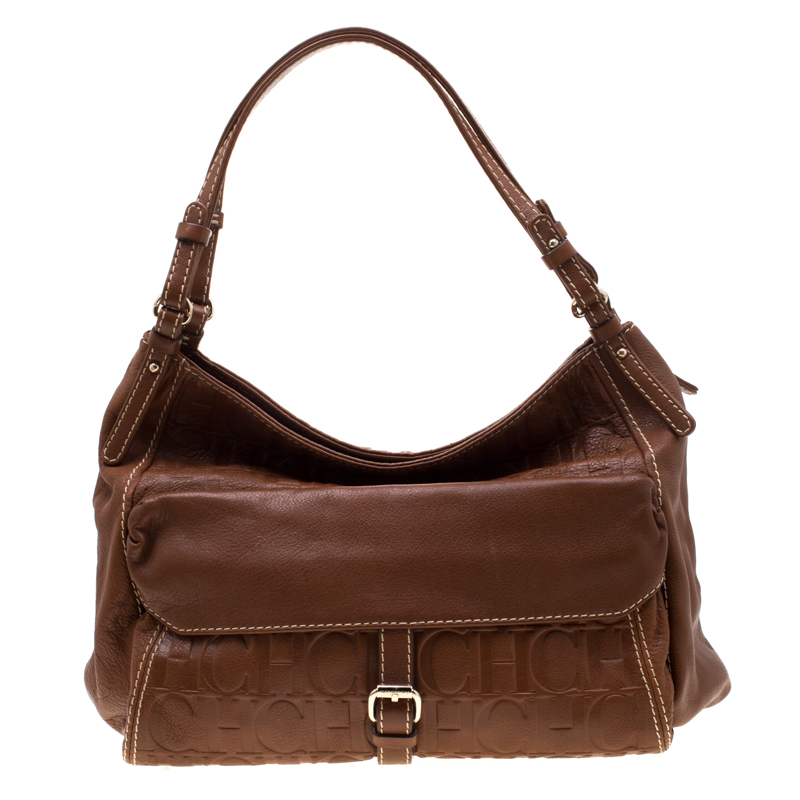 Image of Carolina Herrera Tan Monogram Leather Shoulder Bag
