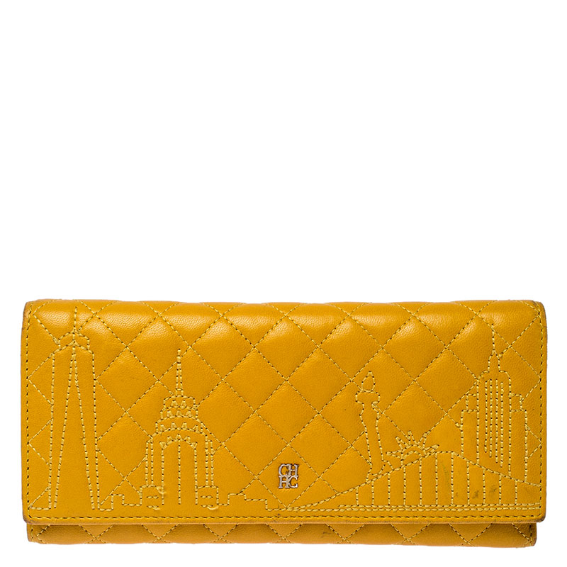 Image of Carolina Herrera Mustard Quilted Leather Flap Wallet
