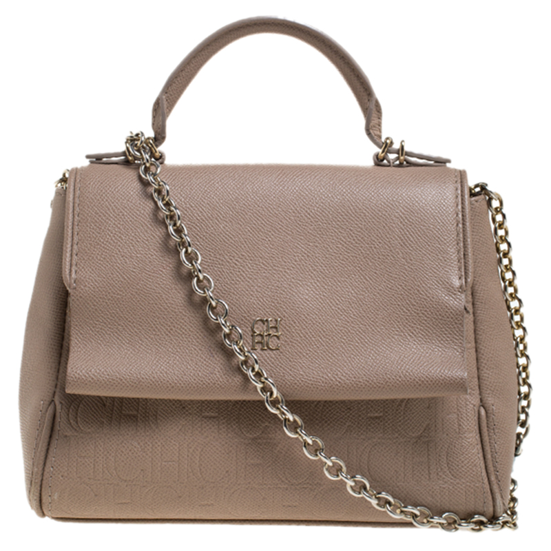 Image of Carolina Herrera Beige Leather Minueto Top Handle Bag