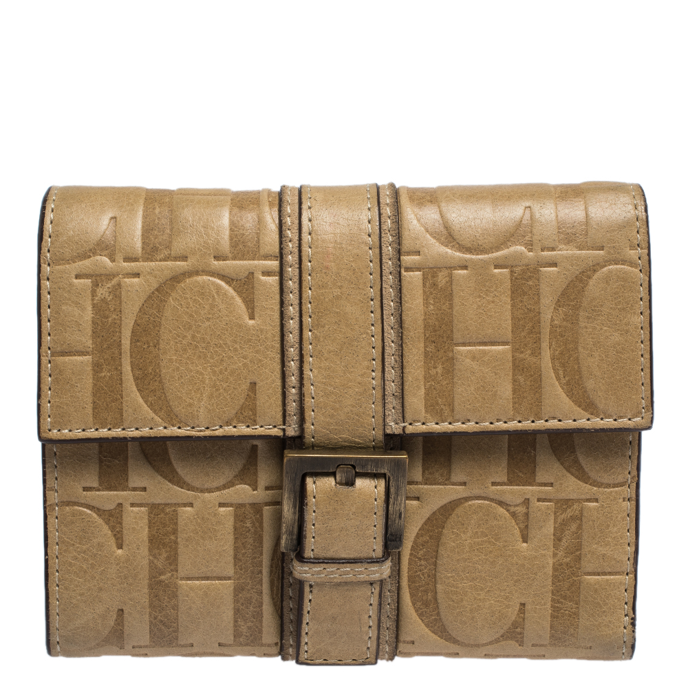Image of Carolina Herrera Beige Monogram Leather Buckle Flap Compact Wallet
