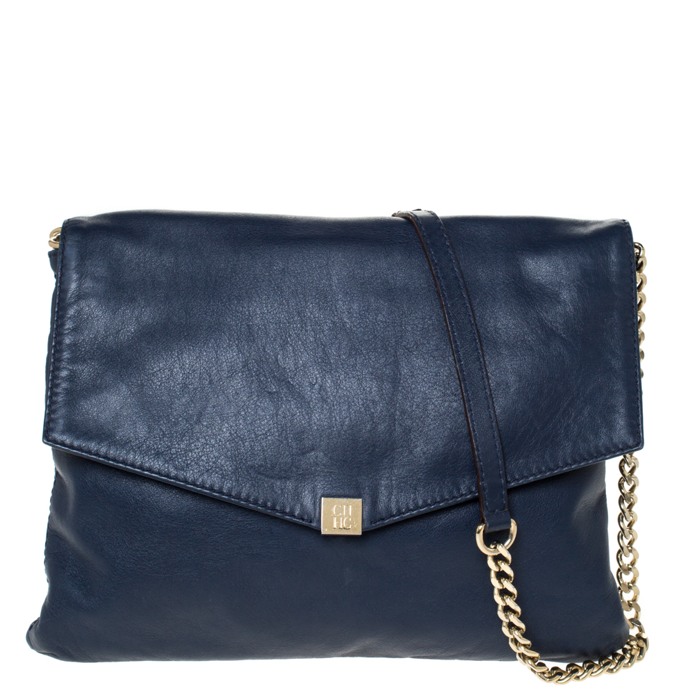 Image of Carolina Herrera Blue Leather Flap Shoulder Bag