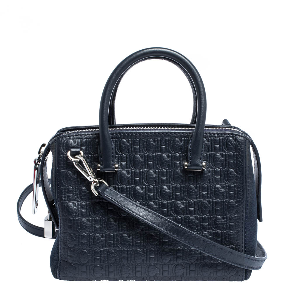 Image of Carolina Herrera Blue Monogram Leather and Nubuck Satchel