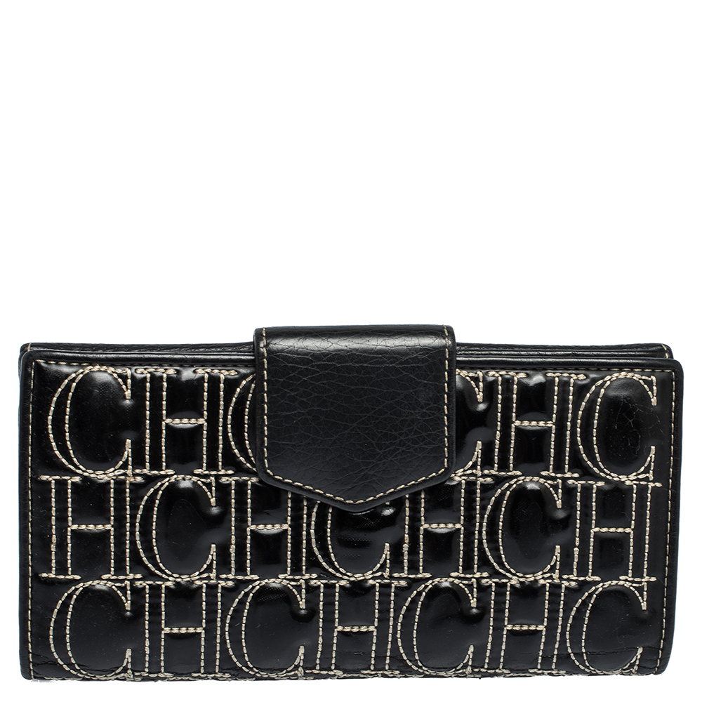 Image of Carolina Herrera Black Monogram Embossed Patent Leather Flap Continental Wallet