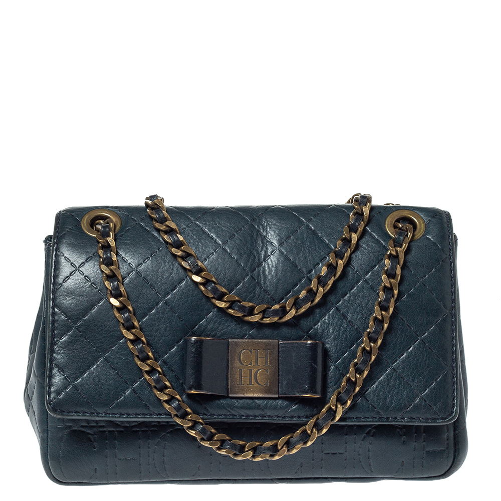 Image of Carolina Herrera Deep Green Monogram Leather Flap Shoulder Bag