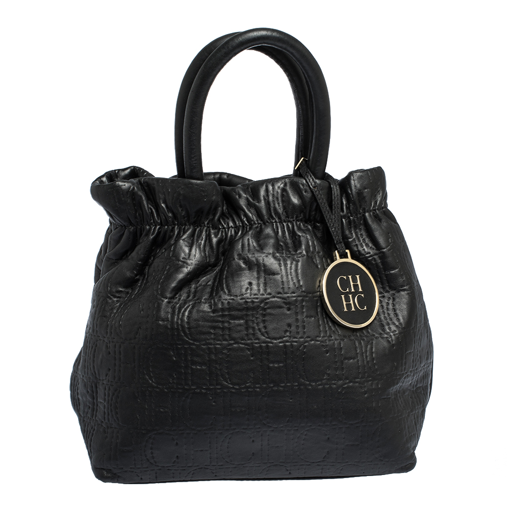 Image of Carolina Herrera Black Monogram Leather Bucket Bag