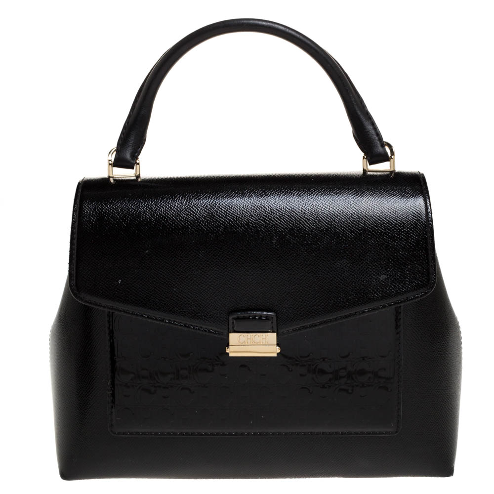 Image of Carolina Herrera Black Monogram Patent Leather Push Lock Top Handle Bag