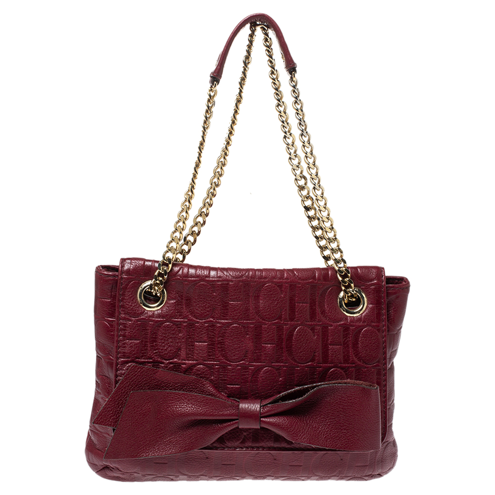 Image of Carolina Herrera Burgundy Monogram Leather Audrey Shoulder Bag