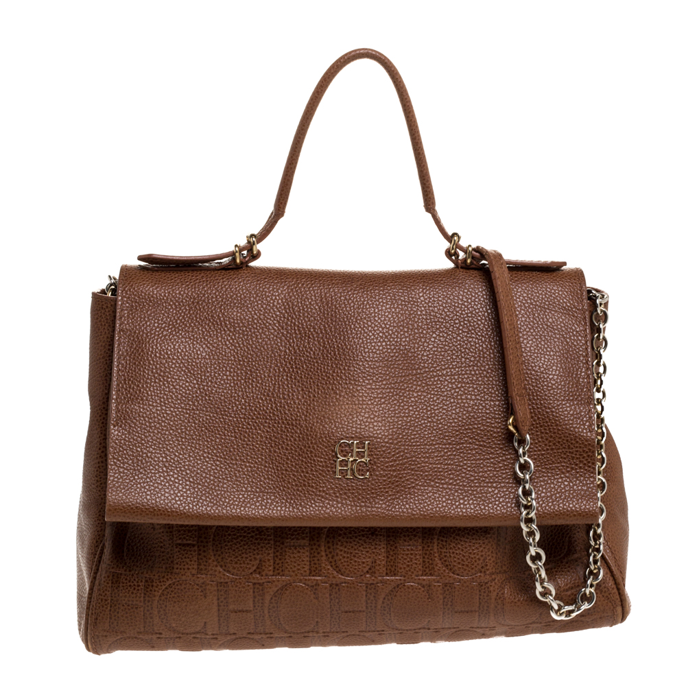 Image of Carolina Herrera Brown Embossed Leather Minuetto Flap Top Handle Bag