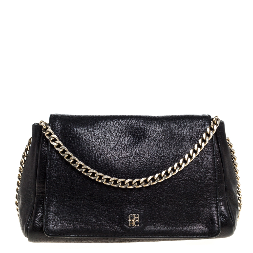 Image of Carolina Herrera Black Leather Flap Shoulder Bag