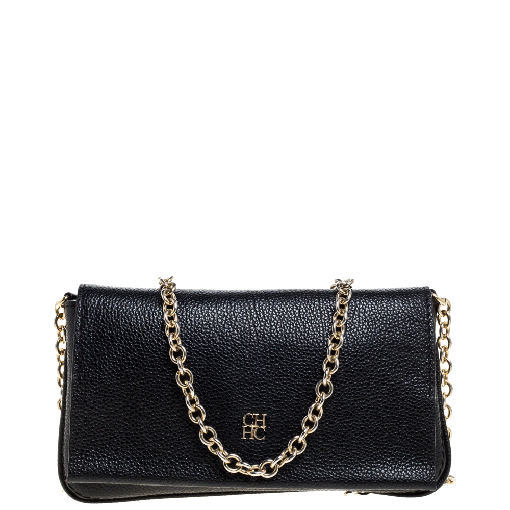 Image of Carolina Herrera Black Leather Chain Flap Shoulder Bag