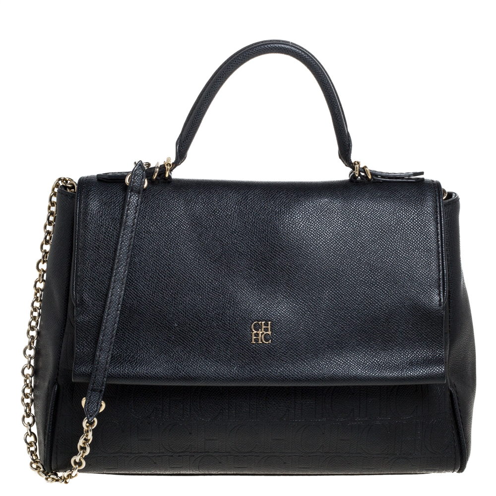 Image of Carolina Herrera Black Leather Minuetto Flap Top Handle Bag