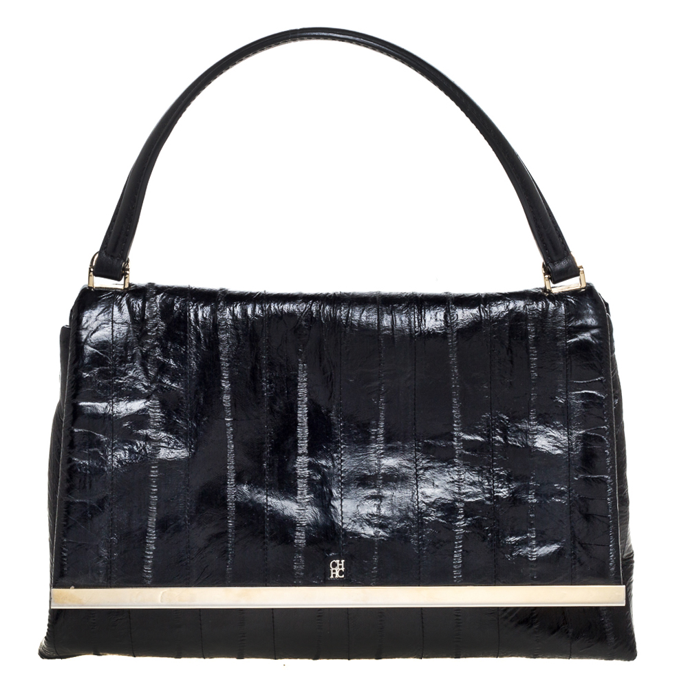 Image of Carolina Herrera Black Leather Camelot Top Handle Bag