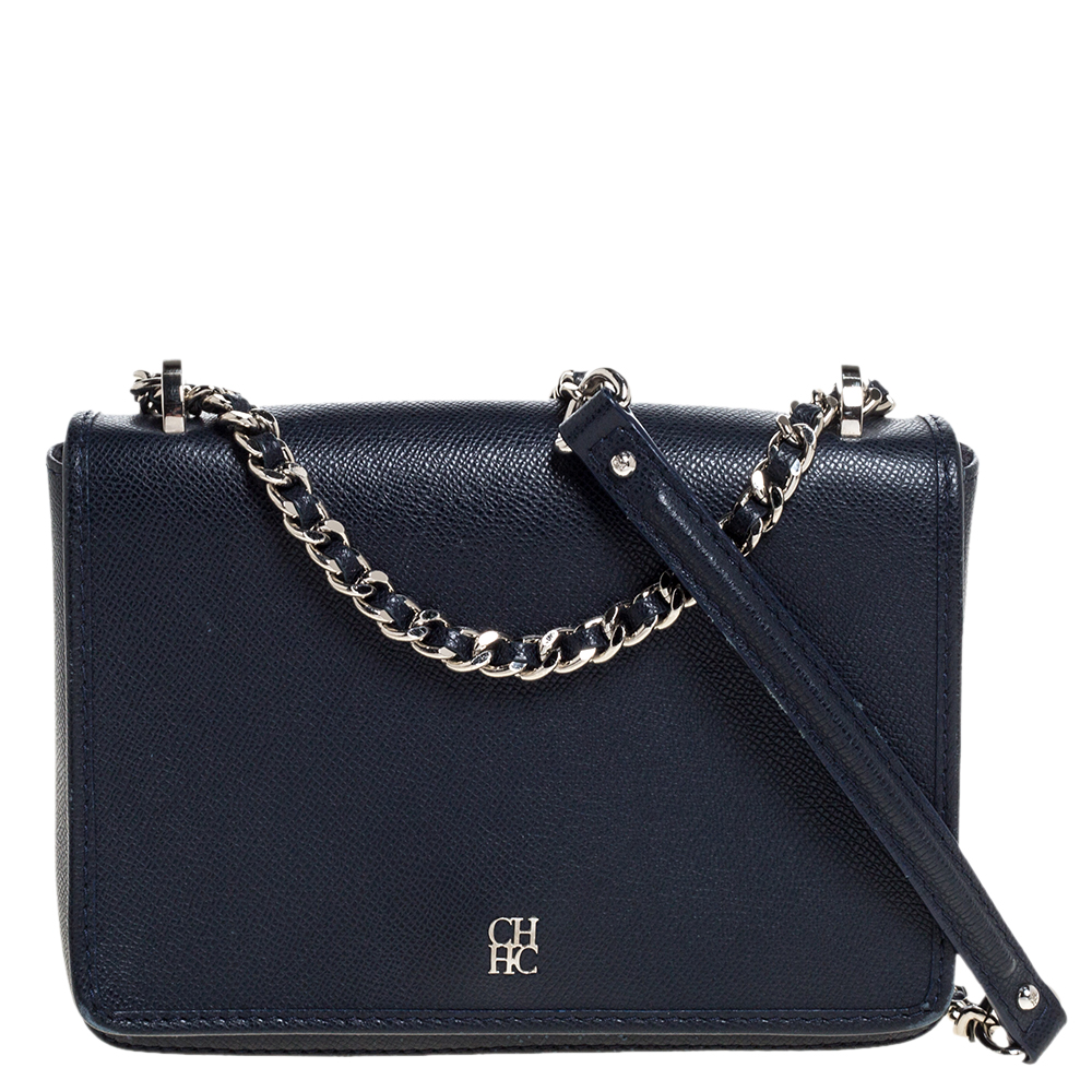 Image of Carolina Herrera Navy Blue Leather Flap Shoulder Bag