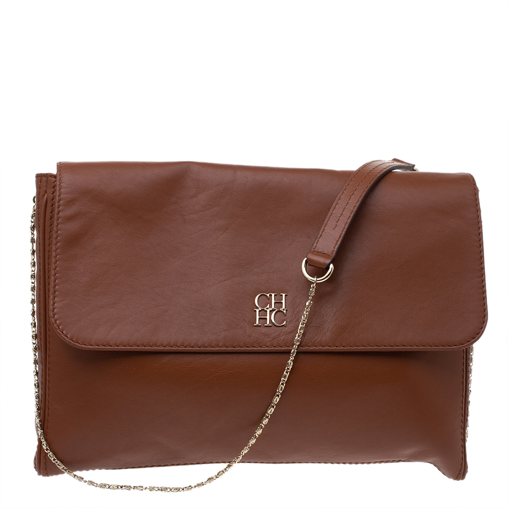 Image of Carolina Herrera Brown Leather Logo Flap Chan Shoulder Bag