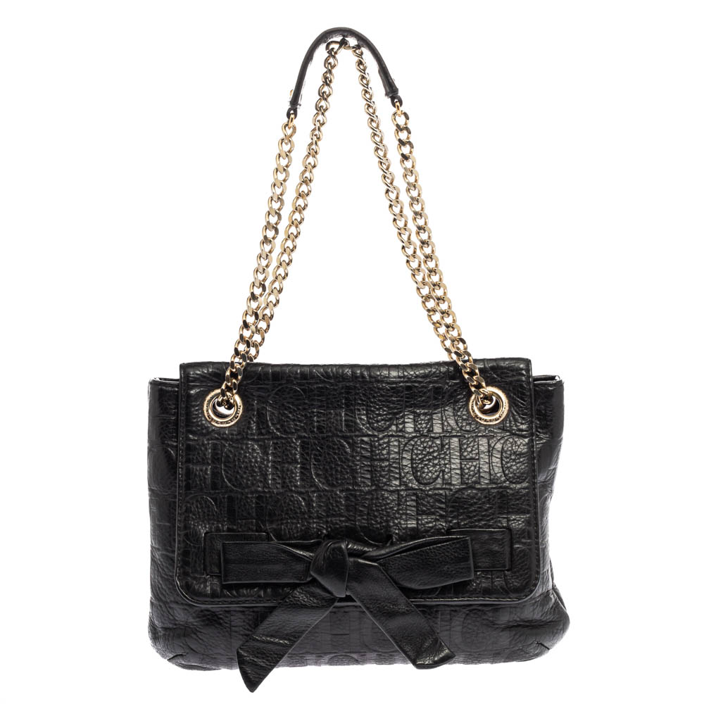 Image of Carolina Herrera Black Monogram Leather Audrey Shoulder Bag