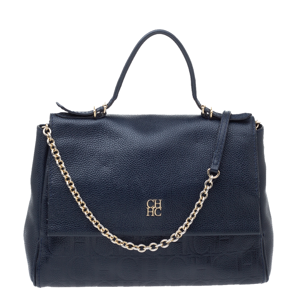 Image of Carolina Herrera Navy Blue Leather Minuetto Flap Top Handle Bag