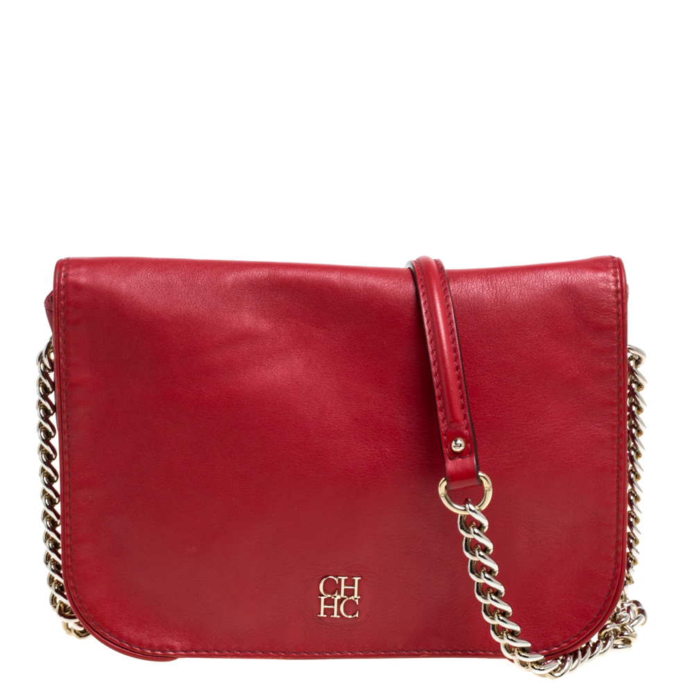 Image of Carolina Herrera Red Leather New Baltazar Flap Shoulder Bag