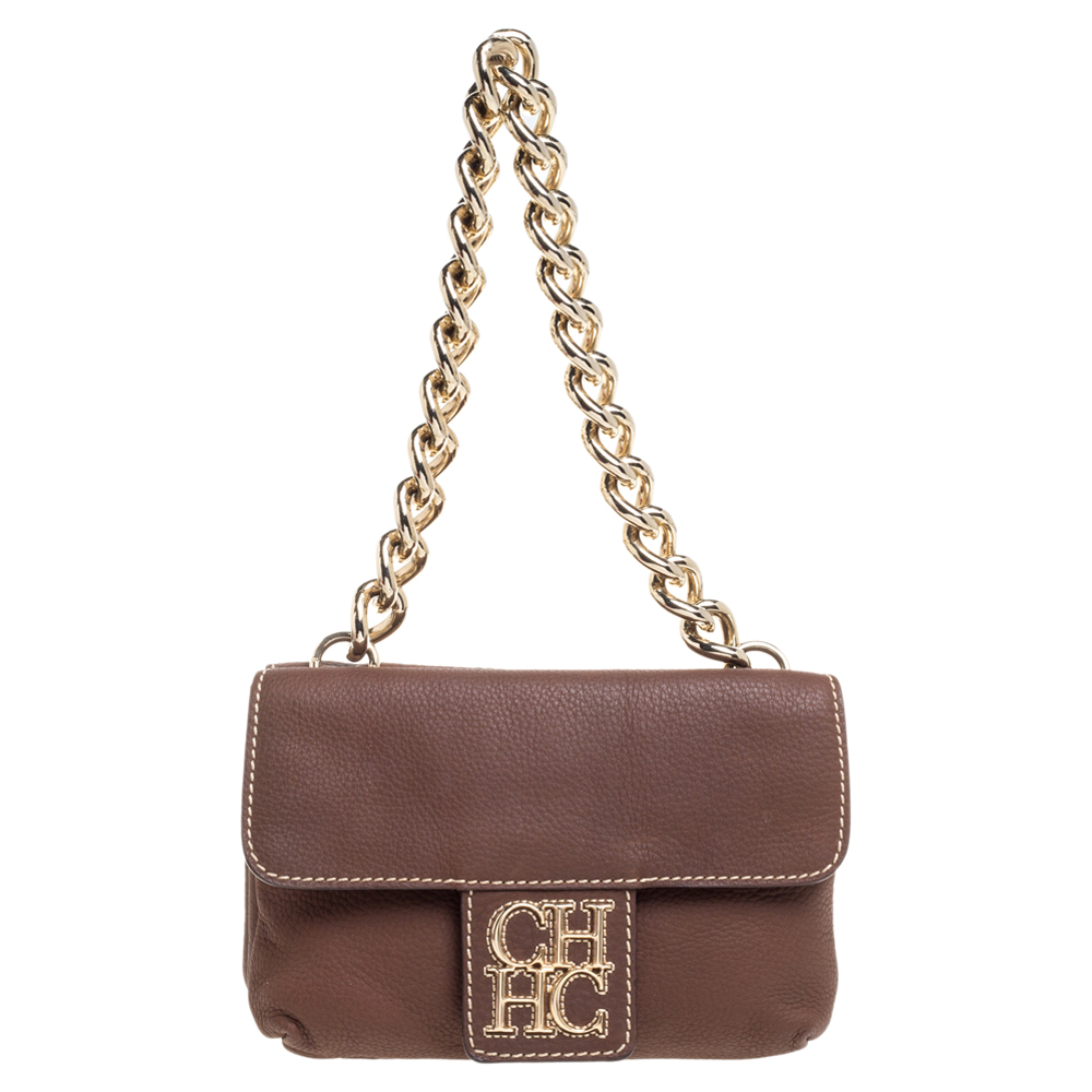 Image of Carolina Herrera Brown Leather Double Flap Chain Bag