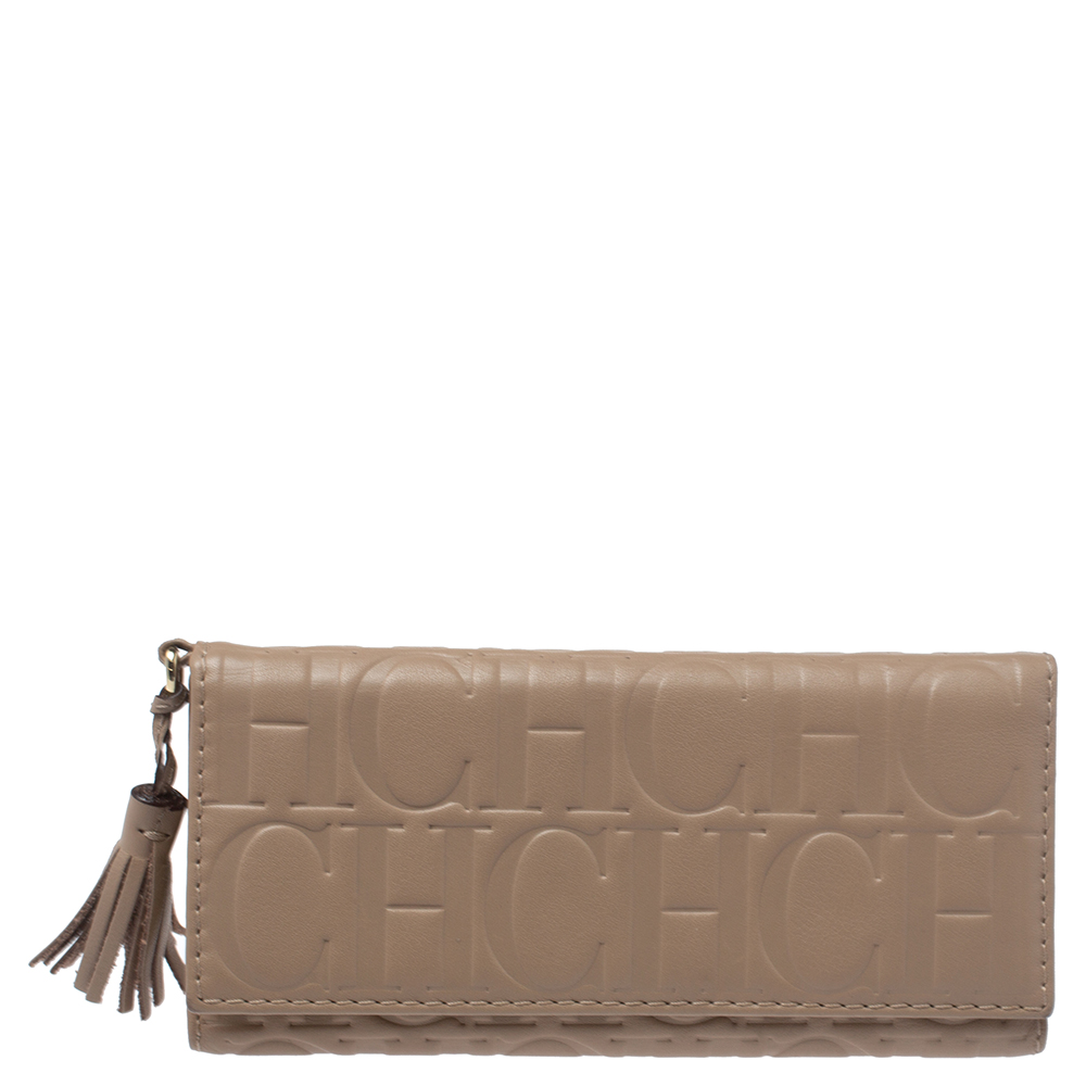Image of Carolina Herrera Beige Leather Tassel Continental Trifold Wallet