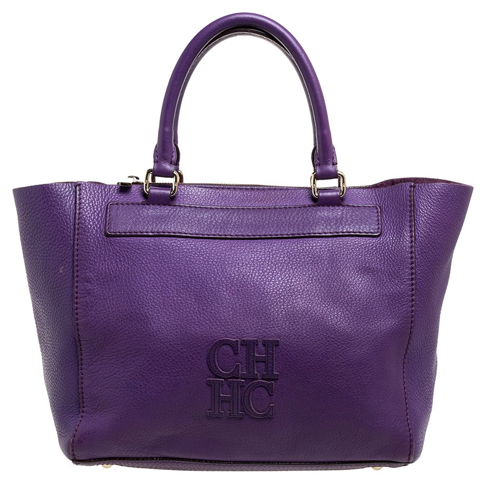 Image of Carolina Herrera Purple Leather Top Zip Tote